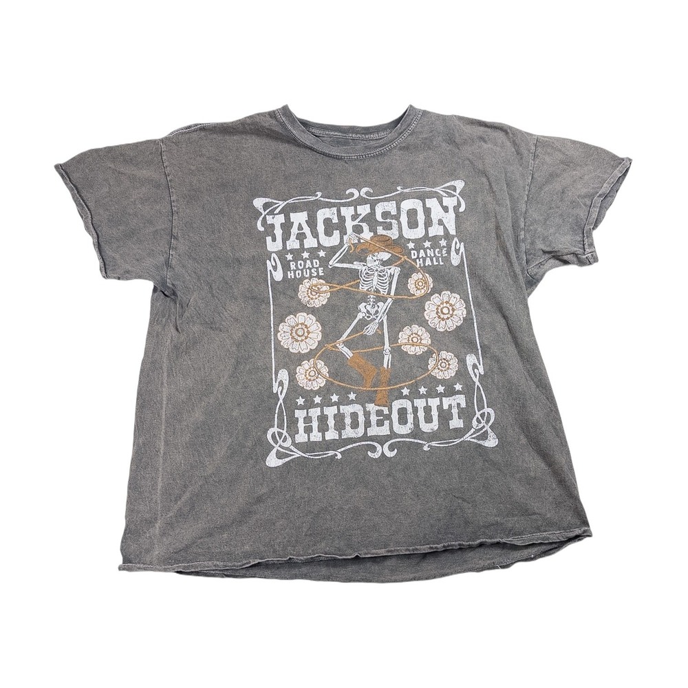 Youth in Revolt Graphic Tee Womens XL Gray Excellent Skeleton Cowboy Raw Hem